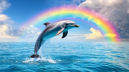 Fototapeta premium Vibrant Dolphin Leaping Through Water Beneath a Colorful Rainbow