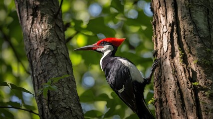 Fototapeta premium Sunlit Serenity: The Ivory-billed Woodpecker in Its Forest Habitat