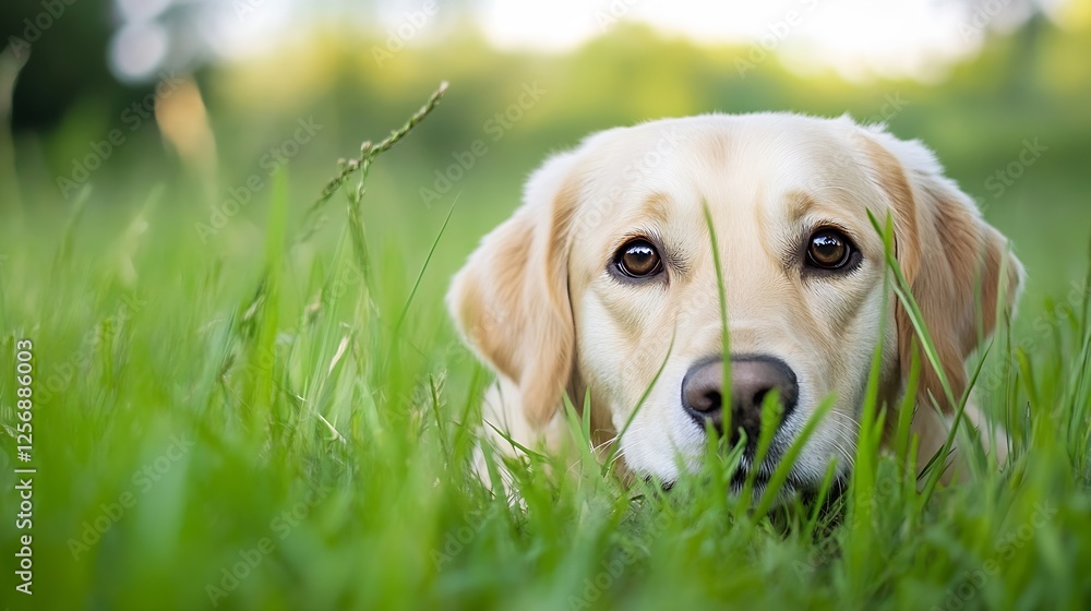 Poster close up of a beautiful yellow labrador dog resting in lush green grass with a calm expression : gen