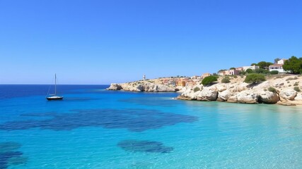 A breathtaking view overlooking the crystal clear waters of Cala en Porter bay on the beautiful island of Menorca, Spain, summer, Mediterranean, Menorca
