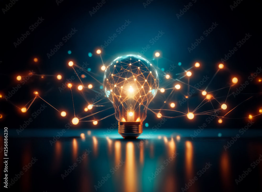 Poster a glowing lightbulb with an internal network radiates bright connections. symbolizes ideas, innovati