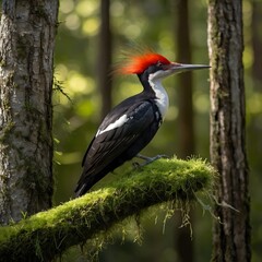 Fototapeta premium Stillness in the Woods: The Ivory-billed Woodpecker's Elegant Solitude