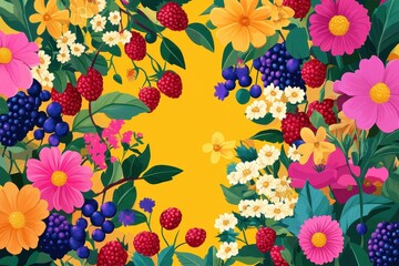 Colorful floral arrangement featuring berries against a bright yellow background