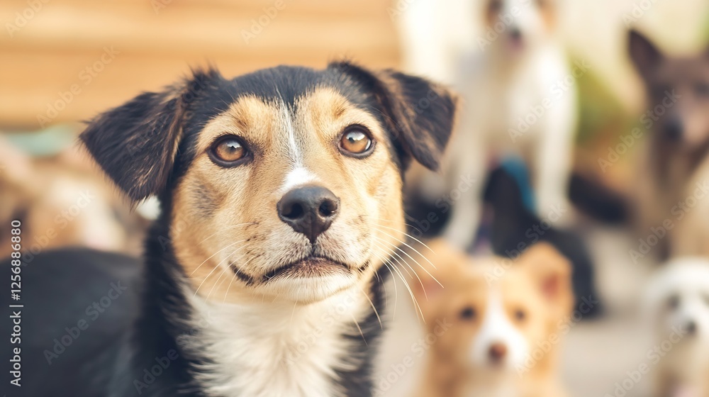 Poster closeup portrait of a dog surrounded by other dogs in a playful setting : generative ai