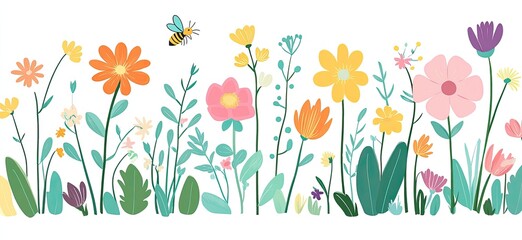 Vibrant Spring Meadow with Colorful Flowers and Delicate Foliage