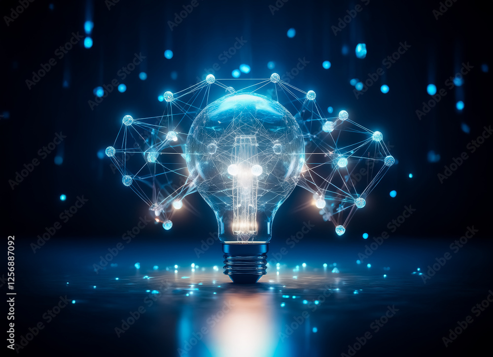 Poster illuminated light bulb surrounded by a network of glowing nodes and lines on a dark backdrop, symbol