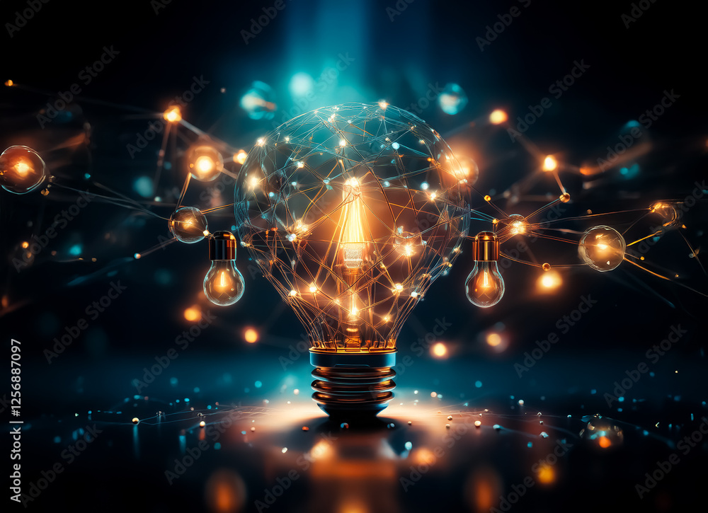 Aufkleber glowing lightbulb with network connections and smaller bulbs represents ideas and innovation in a di
