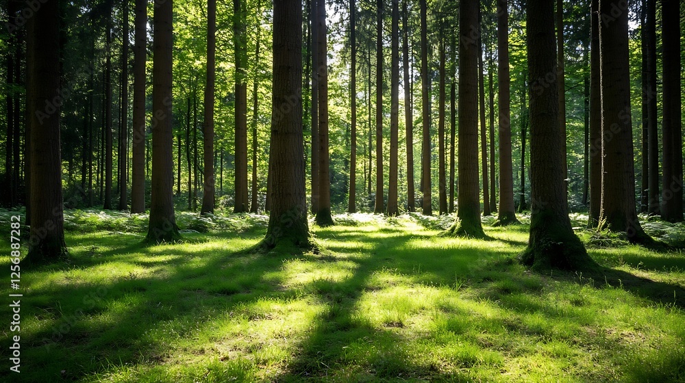 Poster sunlit forest landscape with tall trees and vibrant green grass underneath : generative ai