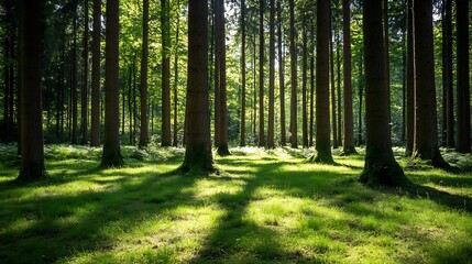 Sunlit Forest Landscape with Tall Trees and Vibrant Green Grass Underneath : Generative AI