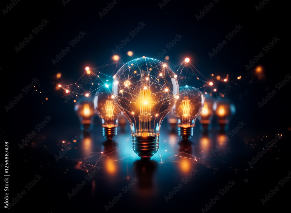 Aufkleber illuminated light bulbs with glowing connections symbolize ideas and innovation in a digital network