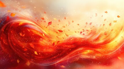 Vibrant autumn leaves swirling in a fiery wave, set against a dreamy, colorful sky