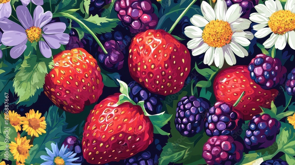 Wall mural Painting shows vibrant strawberries and blackberries among blooming flowers