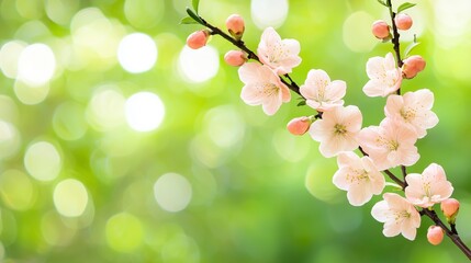 Delicate Peach Blossom Branch with Soft Pink Flowers and Buds Against a Vibrant Green Bokeh Background, Perfect for Springtime Themes, Nature Photography, and Floral Designs