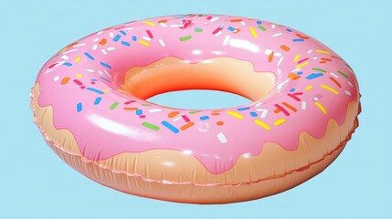 Inflatable donut pool float, vibrant pink icing, sprinkles, light blue background. Possible use Summer fun