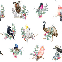 Naklejka premium Australia native birds watercolor illustration seamless pattern. Hand drawn cockatoo, kookaburra, magpie, emu with eucalyptus branches, flowers decor on white background. Perfect for textiles, decor