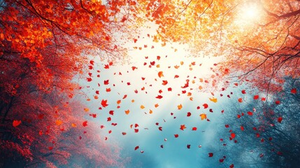 Vibrant autumn scene with falling leaves amidst colorful trees and soft sunlight illuminating background