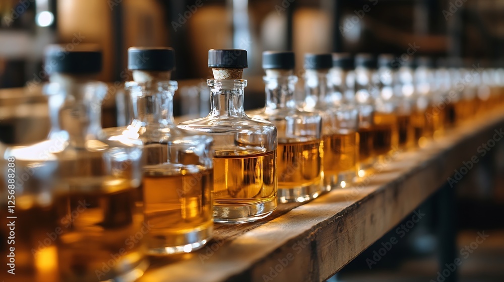 Poster row of glass bottles filled with golden liquid showcasing an artisanal approach to craft spirits and