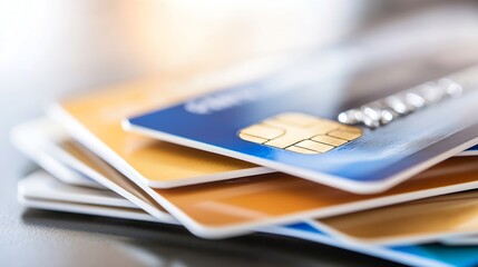 Collection of various credit and debit cards stacked in a close up arrangement emphasizing financial accessibility : Generative AI