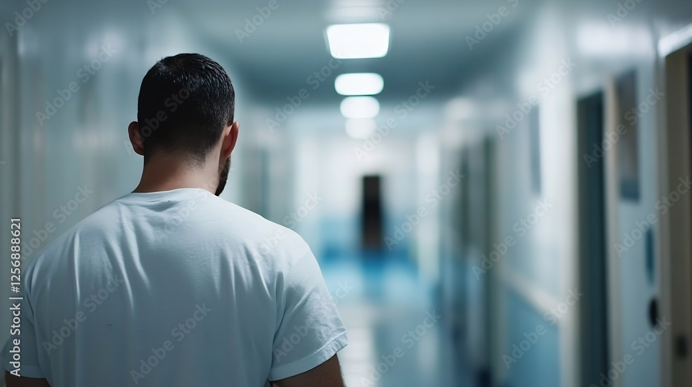 Aufkleber man walking away down a long hospital corridor showcasing a sense of isolation and solitude in a cli