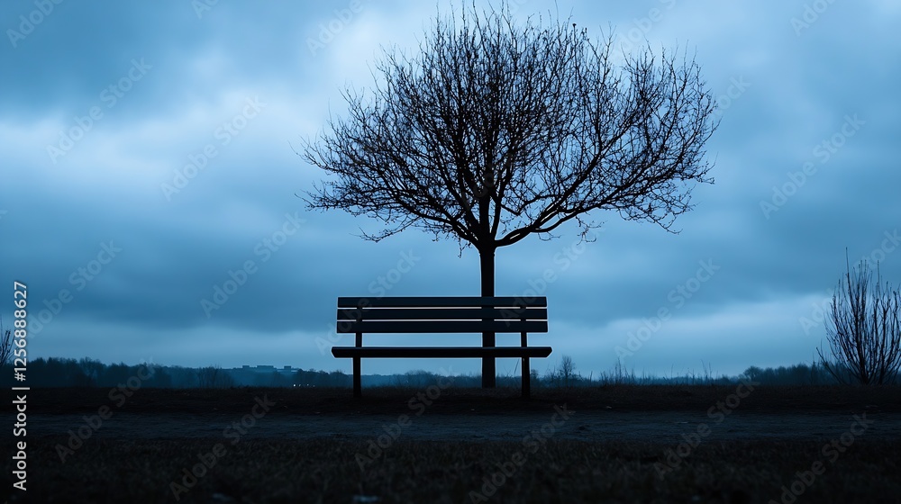 Poster Lonely bench under a leafless tree in a moody atmospheric setting surrounded by dramatic clouds and dusky light : Generative AI