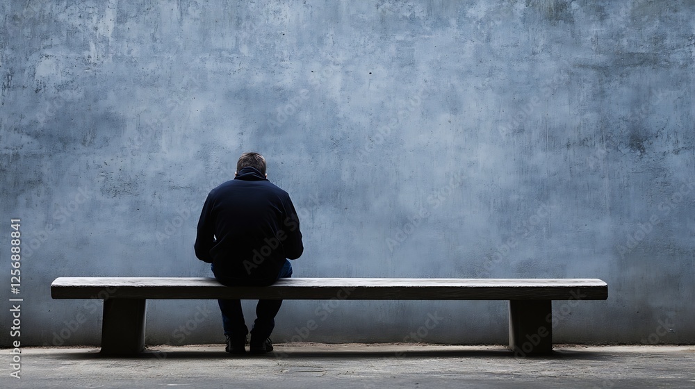Aufkleber lonely figure sitting on a concrete bench against a textured wall in a minimalist setting : generati