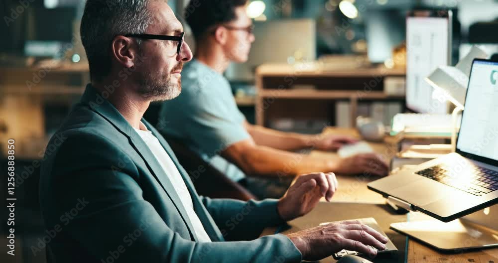 Poster Night, typing and business man on laptop, problem solving or cryptocurrency advisor reading data in office. Computer, smile and mature manager with investment, financial analysis or stats on overtime