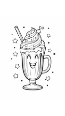 Cute Milkshake Drink Beverage Liquid Coloring Kid Book Page in Black and White. Monochrome and Colored Samples
