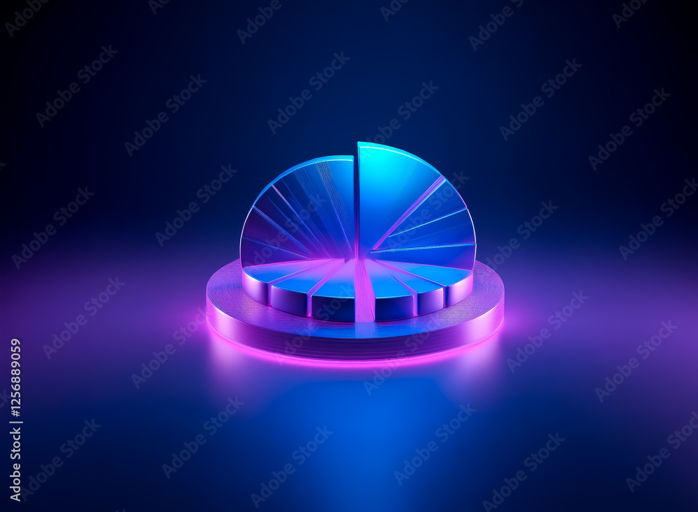 Aufkleber a luminous 3d pie chart with a vibrant blue and purple neon glow is positioned on a circular platfor