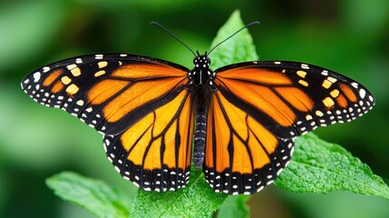Fototapeta premium Vibrant Monarch Butterfly Resting on Green Leaves in a Lush Garden Environment