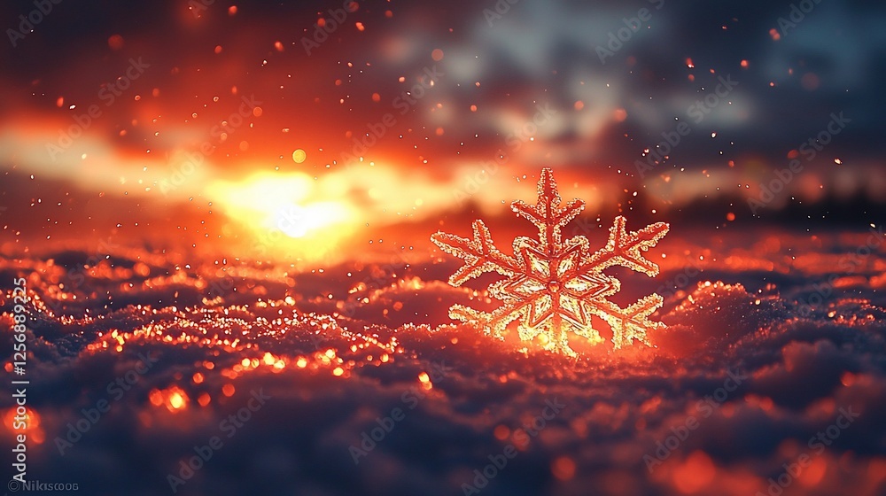 Poster sunset snowflake winter snowscape