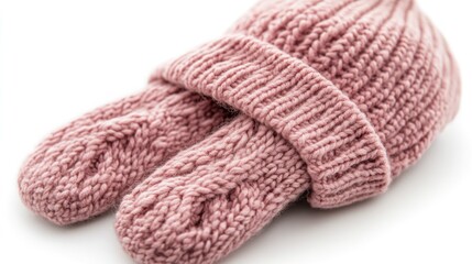 Knitted hat and mittens, soft pink color, simple design, studio shot, for winter fashion
