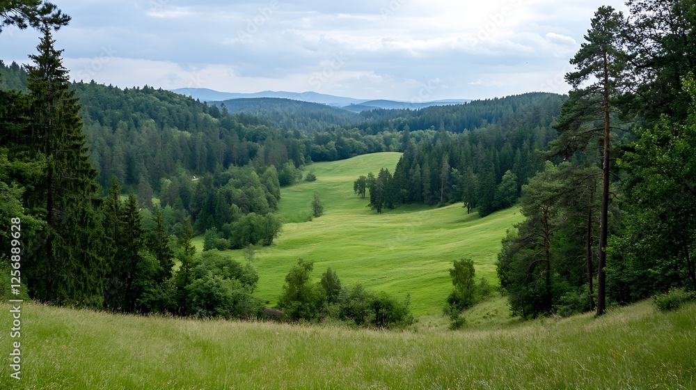 Poster lush green valley surrounded by trees and rolling hills under a cloudy sky : generative ai