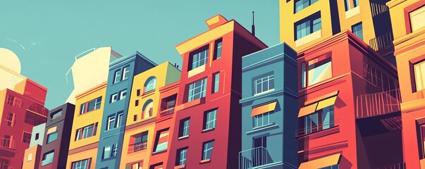 Colorful facade of european apartment buildings with balconies
