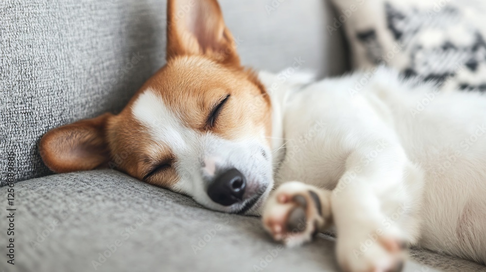Poster adorable dog soundly sleeping on a cozy couch in a relaxing home environment : generative ai
