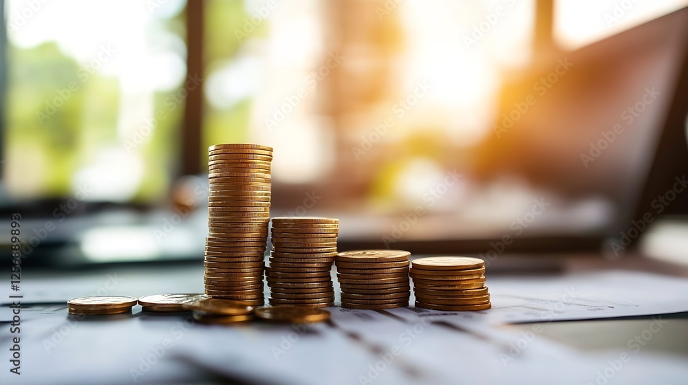 Poster stacks of coins on a table signifying financial growth and investment success : generative ai