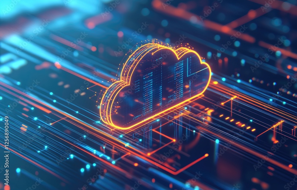 Poster futuristic cloud computing concept with a glowing digital cloud symbol over a high-tech circuit boar