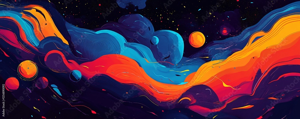 Poster Colorful abstract space art with planets floating in nebula clouds
