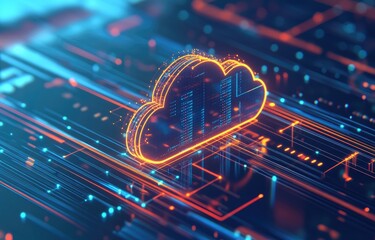 Fototapeta premium Futuristic cloud computing concept with a glowing digital cloud symbol over a high-tech circuit board, representing data storage, networking, and innovation. Ideal for cloud technology, cybersecurity
