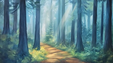 Obraz premium Serene Forest Path Sunlight Through the Trees