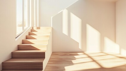 Sunlight Streams Through Window onto Modern Wooden Staircase in Minimalist Interior Design