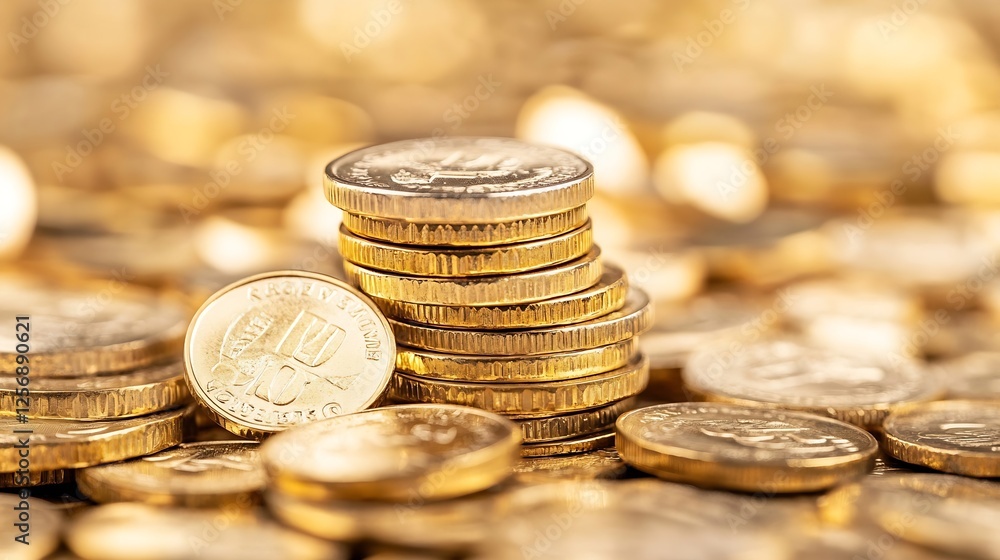 Fototapete Close up view of shiny gold coins stacked on a glittering background showcasing wealth and prosperity : Generative AI