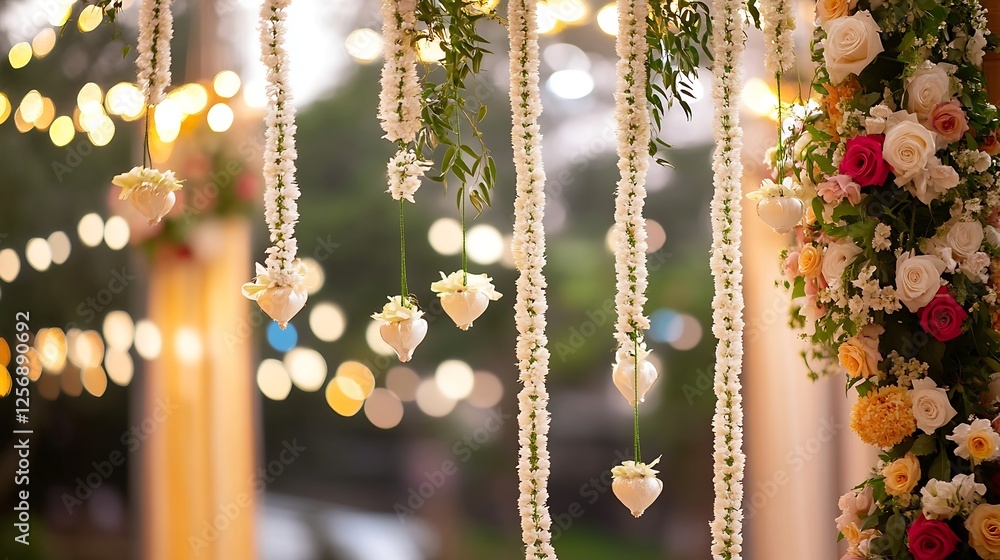 Poster Beautiful floral decorations with hanging heart shapes and soft lights creating a romantic atmosphere at an event : Generative AI