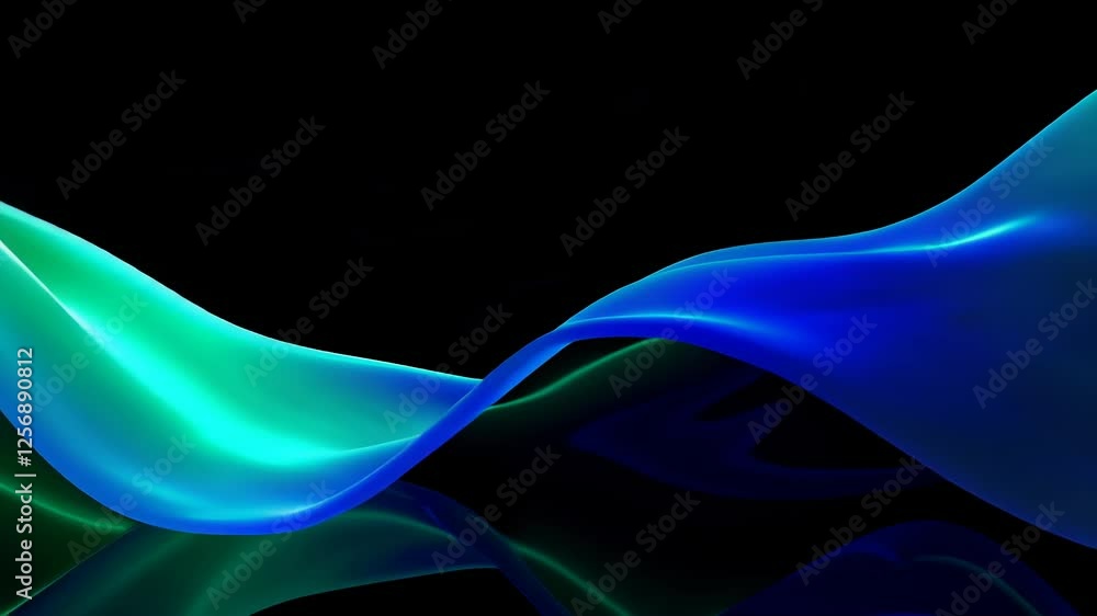 Poster dynamic flowing blue and green wave patterns in motion against a black background