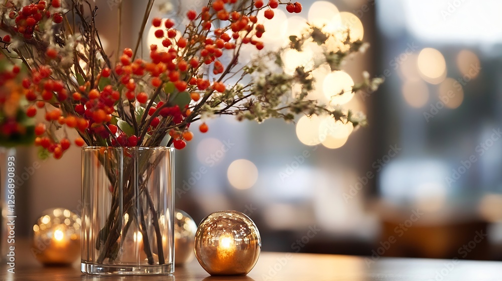 Aufkleber Elegant arrangement of autumn branches in a glass vase with soft lights creating a cozy and inviting atmosphere : Generative AI