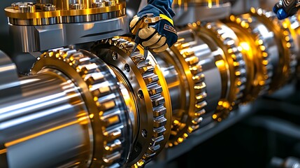 Obraz premium Detailed view of a maintenance worker s hands carefully operating various tools on an intricate turbine mechanism with safety gear like gloves and goggles visible