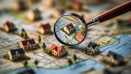 Magnifying Glass Reveals Ideal House Locations on Detailed Property Map, Finding Perfect Home Neighborhood