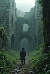A ruined fortress wall, overgrown with moss and ivy