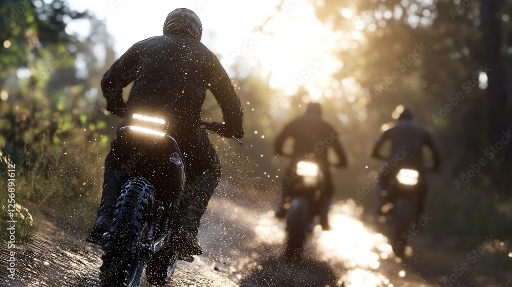 Poster exciting adventure on dirt bikes riders splashing through muddy trails under a glowing sunset : gene