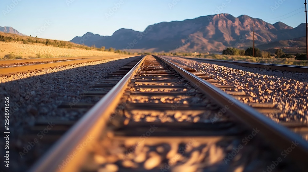 Poster perspective view of railway tracks leading towards majestic mountains under a clear blue sky : gener