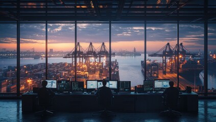 High-Level Command Center Overseeing a Bustling Global Port During Twilight